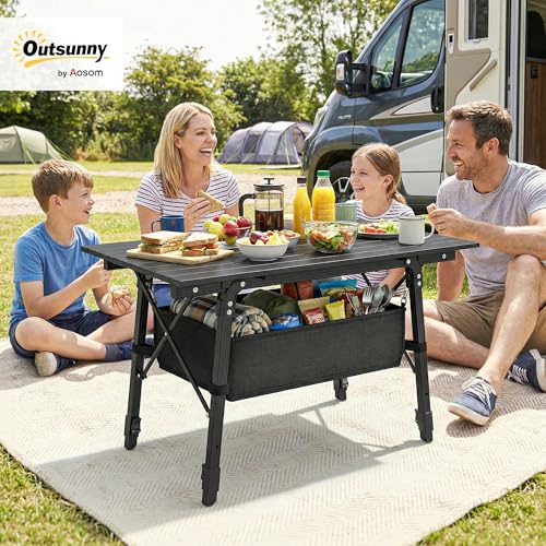Outsunny 3ft Portable Camping Table with Storage Bag, Adjustable Height Aluminum Small Folding Table, Lightweight Picnic Table with Carry Bag for Outdoor Picnic BBQ Backyards Beach, Black - color: Black