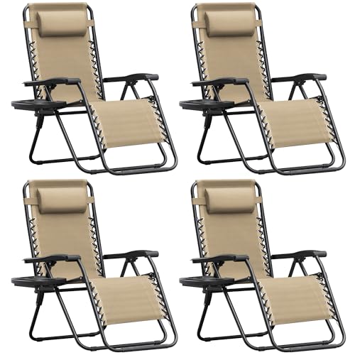 Homall Zero Gravity Chair Patio Folding Lawn Outdoor Lounge Gravity Camp Reclining Lounge Chair with Cup Holder Pillows for Poolside Backyard and Beach Set of 4 (Beige) - color: Beige, size: 4 PCS