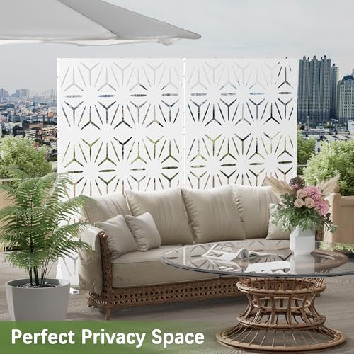 Cofar Metal Privacy Screen Outdoor 72" H×44" W -White Freestanding Outdoor Privacy Panels with Stand, Decorative Fence for Patio, Deck, Balcony（Floral） - style: 3-Panels Floral_White