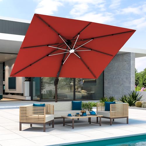 JZAC & QZYD 9x12 FT Outdoor Cantilever Patio Umbrella with LED Lights, Large Heavy Duty 2-Tier Aluminum Offset Umbrellas with 360-Degree Rotation for Pool Deck, Red - color: Red, size: 9'×12'