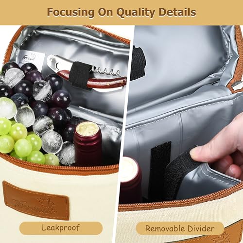 Tirrinia 2 Bottle Wine Gift Tote Carrier - Leakproof & Insulated with large pockets Wine Cooler Bag for Travel, Wine Tasting, Party, Dinner, Great Gift for Wine Lover - color: Beige, size: 2 Bottle-with front pocket
