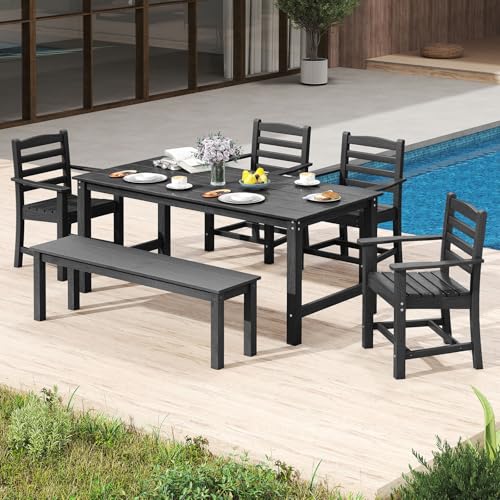 Tangkula 6 Pieces Patio Dining Bench Set, Outdoor HDPE Weather Resistant Table and Chairs Set with 1.77” Umbrella Hole and Wood-Like Surface, Outside Furniture Set for Garden, Backyard (Black, 6 Pcs) - color: Black, size: 6 Pcs