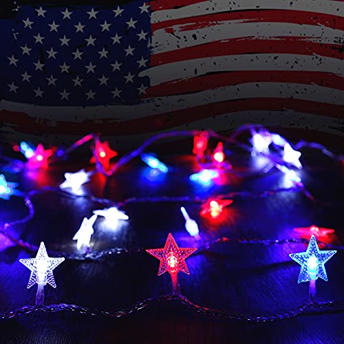 Twinkle Star 4th of July Decoration Lights, 100 LED 49FT Red White Blue Star String Lights, Plug in Fairy String Lights Waterproof, Extendable for Indoor, Outdoor, Independence Day Decor - color: *Red & Blue & White, size: Star lights - 49 ft