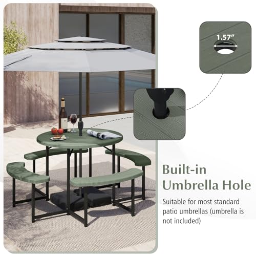 Byroce 8-Person Picnic Table for Outdoors, HDPE Picnic Table Set with 4 Benches, Umbrella Hole & Metal Frame, Heavy Duty Round Dining Table Chairs for BBQ Party in Patio, Yard & Poolside (Green) - color: Green