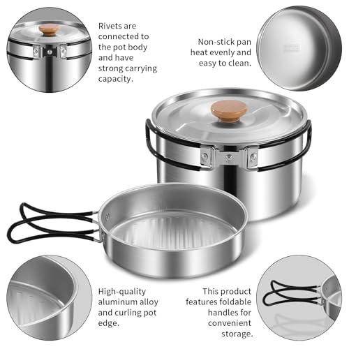 12pcs Outdoor Camping Cookware Kit, Lightweight Stainless Steel Kettle, Non-Stick Pot and pan, with Fork Spoon Kits Suitable for picnics and Backpacking Trips