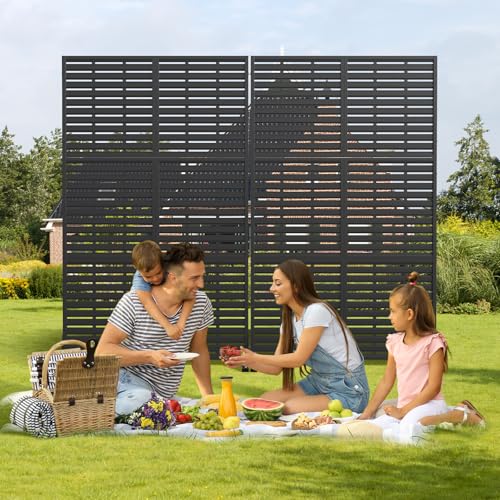 Metal Privacy Screen Outdoor with Stand, 6 ft Tall Decorative Privacy Fence Featuring Simple Assembly, Freestanding Fence Panels & Portable Divider Screens for Patio, Balcony, Garden, Backyard - color: Black&louvered, size: 72"H x 46.2"D