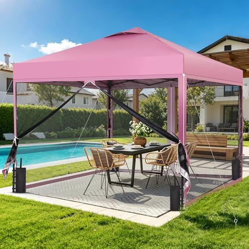 GDY 10x10 Pop up Canopy Tent with Mosquito Netting, Easy up Gazebo for Patio, Camping and Garden, Includes 4 Sandbags, Pink - color: Pink, size: 10x10 with Mosquito Netting