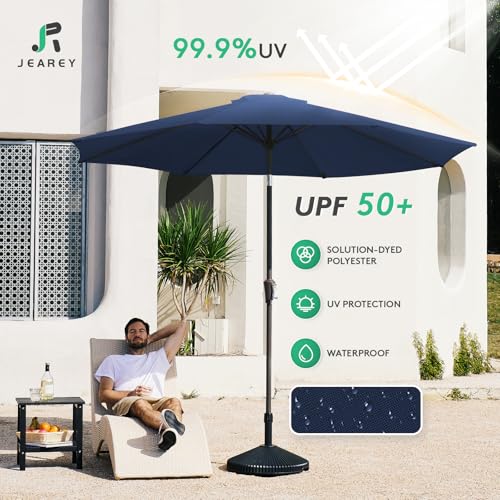 JEAREY 9FT Outdoor Patio Umbrella Outdoor Table Umbrella with Push Button Tilt and Crank, Market Umbrella 8 Sturdy Ribs UV Protection Waterproof for Garden, Deck, Backyard, Pool (Deep Blue) - color: Deep Blue