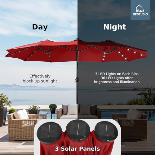 MFSTUDIO 15ft Patio Umbrella with Solar Lights, Outdoor Large Rectangular Umbrellas with Base, Crank Handle and 36 LED Lights for Yard Deck Pool, Burgundy Red - color: Burgundy Red