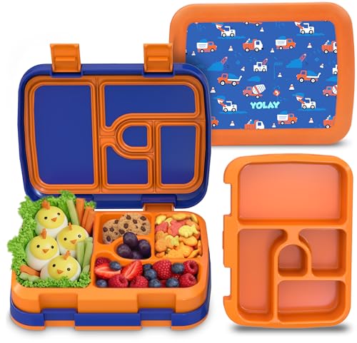 YOLAY Bento Box for Kids Lunch Box Leak-Proof, 5-Compartment Lunch Box Kids for Ages 3-10, Durable with Anti-Slip Base, Suitable for Schools, Outdoor and Travel (Mermaid) (Trucks) - color: Trucks