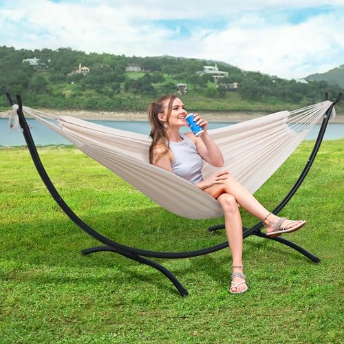 SUNCREAT Portable Outdoor Hammock with Stand Included, Double Hammock with Stand for Outside, Beige - color: Beige