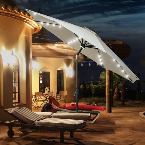 GDY 10Ft Patio Umbrella, Table Umbrella with 40 LED Lights, Outdoor Umbrellas for Patio, with Tilt and Crank, Center Light, for Garden, Deck, Backyard, Pool, and Beach. - color: Khaki