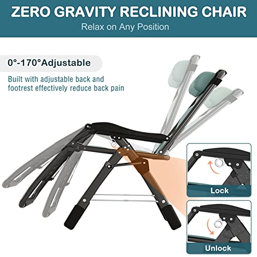 NAIZEA Padded Zero Gravity Chair, Cooling Fabric Folding Outdoor Lounge Chairs, Adjustable Reclining Camping Chairs with Cup Holder, Ergonomic Patio Lawn Chair for Balcony Beach Deck Yard - color: Ice Silk Green, style: Zero Gravity Chair 2 Pack