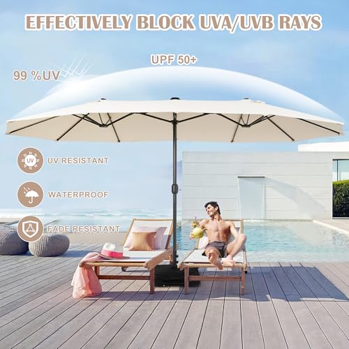 Sundale Outdoor 15ft Large Patio Umbrella with Base Included and Umbrella Cover, Outdoor Double-Sided Umbrella - color: Beige
