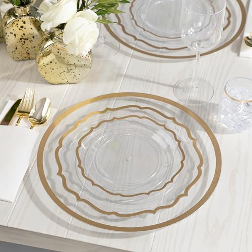 PLASTICPRO 32 Pack Elegant Disposable Plastic Plates Combo Set Includes 16 Dinner Plates and 16 Salad Plates Heavy Duty Fancy Party Plates Clear & Gold Contemporary Design - color: Clear & Gold Contemporary