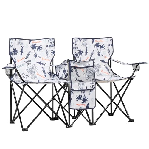 Double Folding Camping Chair W/Umbrella Fold Up Table Beverage Holder Carrying Bag Cooler for Patio Pool Park Outdoor Beach, Picnic, Portable (Coconut) - color: Coconut
