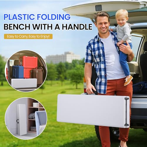 ZENY 6ft Plastic Folding Bench, Portable Outdoor Bench for Picnic Camping Dining Party Garden, Soccer Multipurpose Entertaining Activities, White