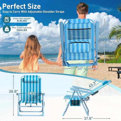 Suteck Backpack Beach Chair, 6-Positions Beach Chairs for Adults with Cooler Bag, Reclining Beach Chair with Cup Holder Folding Camping Chair for Sand Outdoor - color: Light Sky