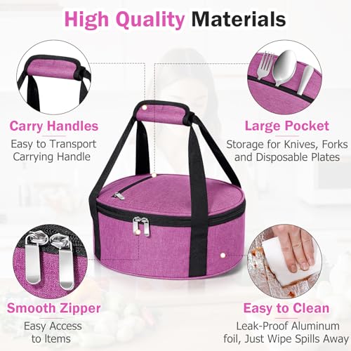 Round Insulated Casserole Carrier – 12" Portable Pie Carrier Bag for Hot or Cold Food, Leakproof Thermal Lunch Tote with Handle for Parties Picnic & Travel - Rose Red - color: Pink, size: Single