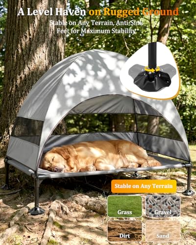Elevated Outdoor Dog Bed with Canopy, Raised Dog Cot with Stable Adjustable Feet, Dog Camping Bed with Larger Shade, Lifted Dog Tent Bed with Canopy for Outside - color: Grey, size: X-Large