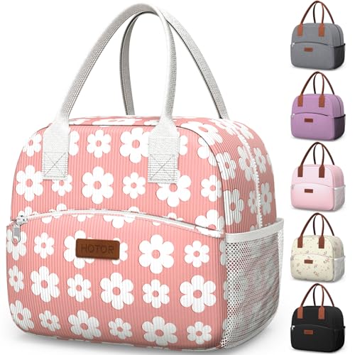 HOTOR Lunch Bag for Women & Men - Wear-Resistant Insulated Lunch Box with Large Capacity, Multi-Functional Cooler Bag for Office, Picnic, Pink with White Daisy, 10L,10.60" x 5.90" x 9.50" - color: Pink with White Daisy, size: 10L