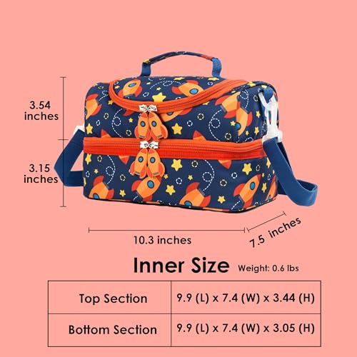 Insulated Kids Dual Compartment Lunch Bags Tote for Girls Boys Toddler Lunch Boxes Pre-School Toddler Kindergarten Picnic Camp Food Cooler Thermal with Strap (Star Rocket) - color: Star Rocket