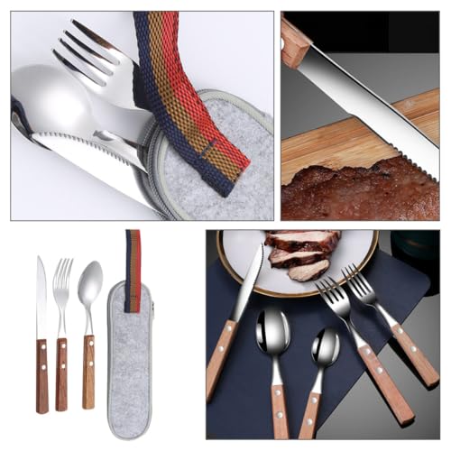 Stainless Steel Fork Knife Spoon Set with Gray Carrying Bag, Reusable Camping Flatware Utensils for Outdoor Picnic and Travel
