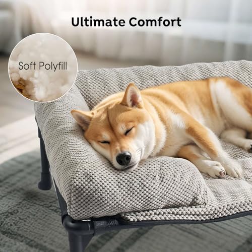 Veehoo Cooling Elevated Dog Bed Add Removable Corduroy Bolster Cushion Mat, 53" x 33" Washable Dog Couch Bed, Raised Pet Cot with Breathable Teslin Mesh, No-Slip Feet, Grey, CWC2439D