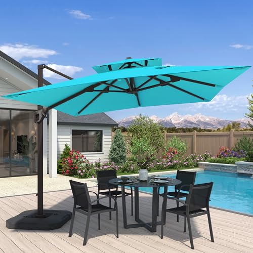 10x10 FT Cantilever Patio Umbrella Double Top Outdoor Square Large Heavy Duty Aluminum Offset Umbrellas with 7 Level Tilt 360-degree Rotation for Pool Garden Deck, Turquoise - color: Turquoise, size: 10' X 10' - Umbrella Only