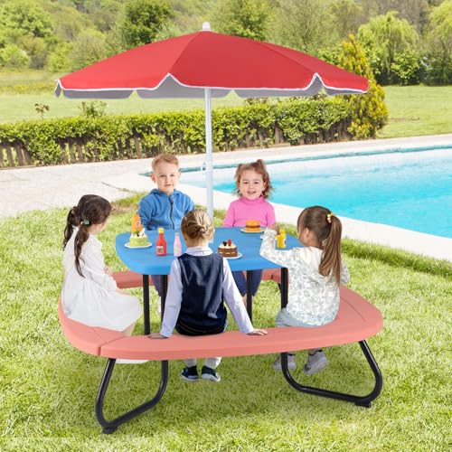 HONEY JOY Kids Picnic Table, 8 Person Toddler Outdoor Table and Chair Set, 4 Built-in Benches, Removable Umbrella, Metal Frame & HDPE Top, Children Outdoor Furniture for Backyard Patio Garden (Red) - color: Red