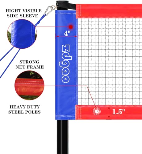 Zdgao Volleyball and Badminton Combo Set for Backyard - 20FT/32FT Volleyball/Badminton Net with Adjustable Height Pole,Anti-Sag System,Volley Ball, Badminton Racquets,Boundary Line and Carry Bag - color: Red & Blue, style: 20FT Volleyball/Badminton Net