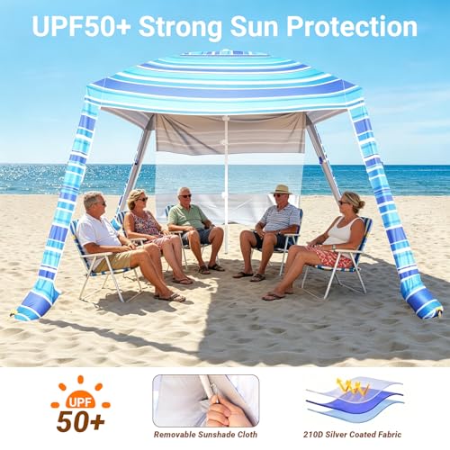 8'x8' Beach Cabana, UPF 50+ Large Beach Canopy with Side Wall, Easy Setup Pop Up Sun Shelter, Adjustable Height & Wind Resistant Beach Tent for 4-6 Person Family, Light Blue