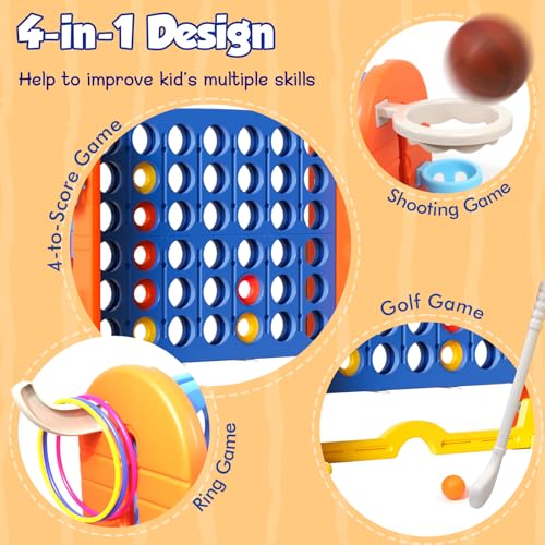Ancaixin Giant 4 in-A-Row Connect Game Set, Adjustable Height Jumbo Yard Game with Basketball Hoop, Golf, Mesh Pocket & Ring Toss, Indoor Outdoor Family Backyard Party Game for Kids and Adults, Blue - color: Blue