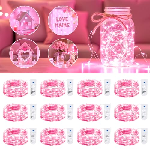 Minetom 12 Pack Pink Christmas Lights, 7ft 20 LED Fairy Lights Battery Operated, Valentines Day Decorations, 8 Modes Waterproof Silver Wire Twinkle Lights, Valentine's Day Lights - color: Pink, size: 12 Pack