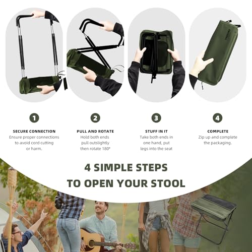 16" Extra Tall Portable Folding Stool for Adults, X-Large Collapsible Camping Chair with 3 Storage Pockets, Heavy Duty Travel Seat for Fishing, Hiking, Gardening - color: Green