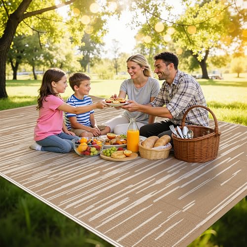 HEBE Outdoor Rug 8'x10' for Patios Clearance, Waterproof Reversible Plastic Straw Rug Camping Mat, Indoor Outdoor Area Rugs Carpet for Deck, Porch, RV, Picnic, Balcony - color: Stripe/Beige, size: 8' x 10' (Rectangular)