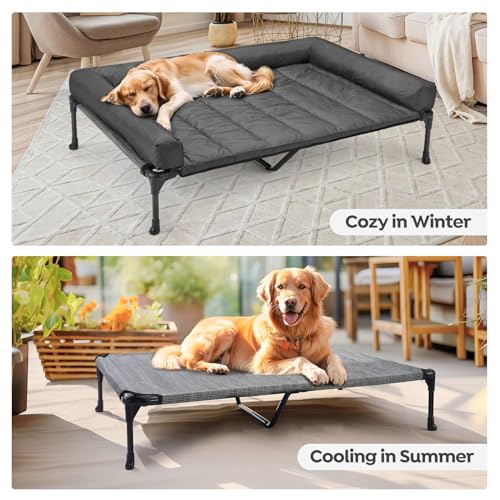 Veehoo Cooling Elevated Dog Bed Add Removable Waterproof Bolster Cushion Mat, Raised Pet Cot with Breathable Teslin Mesh, No-Slip Feet, Dog Sofa Bed for Indoor Outdoor, XXLarge, Black Silver - color: Black Silver, size: 59.0"l X 37.5"w X 9.0"th
