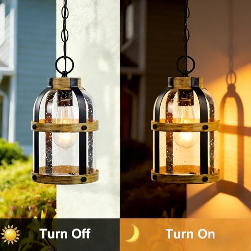 Outdoor Pendant Light for Porch,Modern Exterior Hanging Lantern with Adjustable Chain, in Black and Wood Grain Finish with Seeded Glass for Front Door,Entryway,Farmhouse (Wood Grain(updated)) - color: Wood Grain (New)