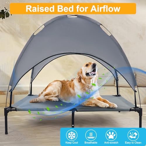42'' Outdoor Elevated Dog Bed with Canopy, Raised Dogs Bed with Six Support Feet,Breathable Cooling Dog Cot Beds Medium Large Size Dogs,Outdoor Pet Hammock Beds,Outside Pet Beds with 4 Ice Pack(Large) - size: Large-42.9"l X 30.7"w X 7.8"th