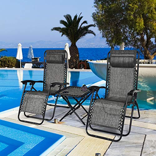 Giantex 3 PCS Zero Gravity Chair Patio Chaise Lounge Chairs Outdoor Yard Pool Recliner Folding Lounge Table Chair Set (Gray) - color: Grey