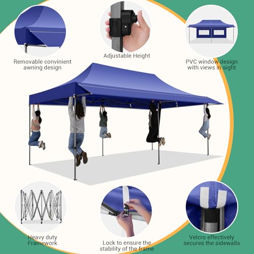 COBIZI 10x20 Pop Up Canopy Tent with Awning & Sidewalls, Heavy Duty Commercial 10X20 Canopy Tents Instant Waterproof, UPF 50+ Sun Shade for Outdoor, Parties, Markets (Deep Blue) - color: Deep blue, size: 10x20FT with 4 Sidewalls & 1 Awning Cloth