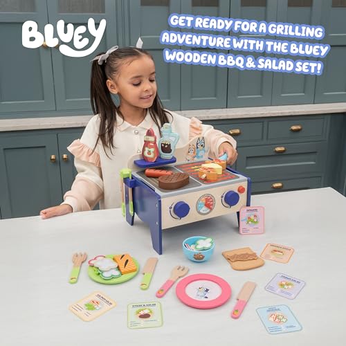 Bluey 8th Wonder Wooden Salad & BBQ Grill Toy Set, 33-Piece Play BBQ Food Set with Tongs, Food, and 6 Recipe Cards, Kitchen Toys for Kids Ages 3+ - style: BBQ Grill Set
