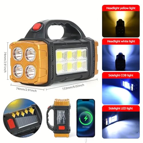 IFTHFOUR High Lumens Solar Flashlight - LED Work Light with USB-C Rechargeable, Waterproof, Multi-Function Flashlight & Lantern for Camping, Emergencies, and Outdoor - color: Golden