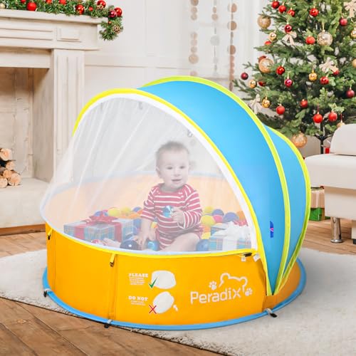 Peradix Baby Beach Tent, Paddling Pool for Kids & Pets with UV Sun Shelter Canopy, Mosquito Net - Portable Pop Up Infant Ball Pit Tent, Toddler Wading Pool, Perfect for Summer Beach Fun - color: Yellow-blue