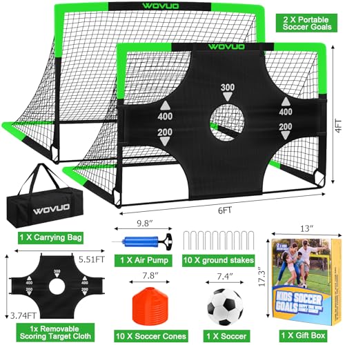 Kids Soccer Goals for Backyard Set of 2, 6x4 ft Portable Toddler Soccer Goal Training Equipment with Soccer Target, Ball, Cones, Soccer Net for Kids Age 3-5 6-8 8-12 10-12-14 Outdoor Sports Games Gift - color: Black Green