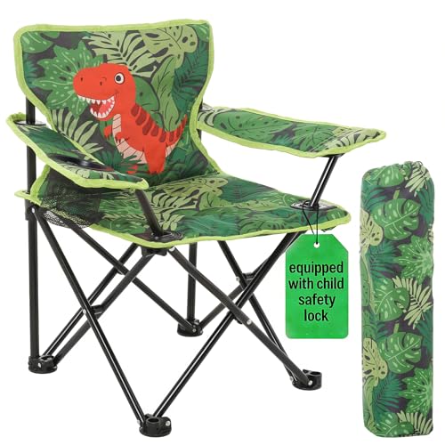 Huskfirm Padded Kids Camping Chair Folding Toddler Chair with Cup Holder & Safety Lock Portable Kids Beach Chair Ages 3-6 for Outdoor Camping Foldable Kids Chair Support 120lbs,Green Dinosaur - color: Green Dinosaur