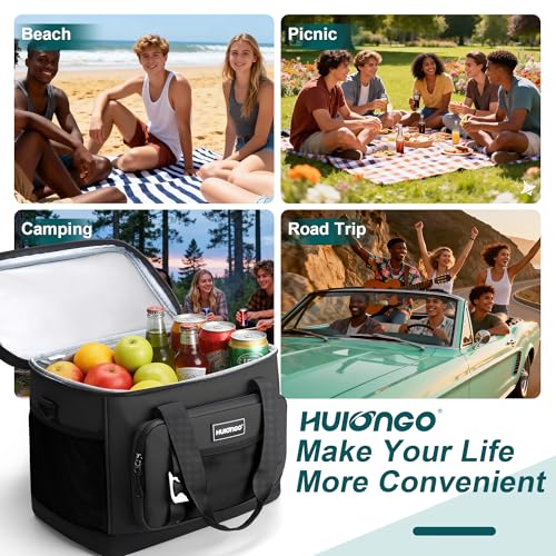 Hulongo Insulated Foldable Collapsible Cooler Bag Soft Sided Cooler for Picnic, Camping, Grocery Shopping, Beach, 30L - color: black