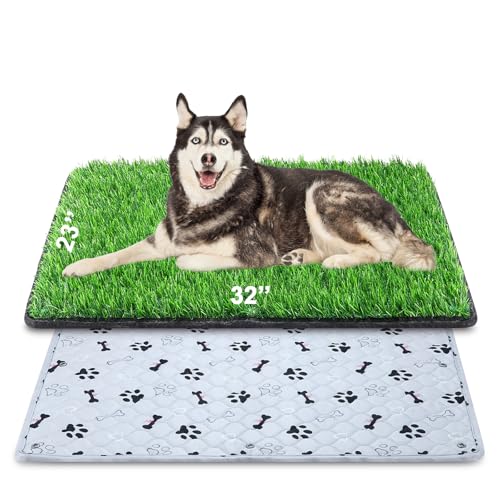 Dog Grass Mat with Pee Pad 32×23", Medium Dog Litter Box Indoor Artificial Turf Grass Porch Waterproof Patio Potty Tray for Doggie Reusable Washable Pads and Lawn for Puppy Training PCS