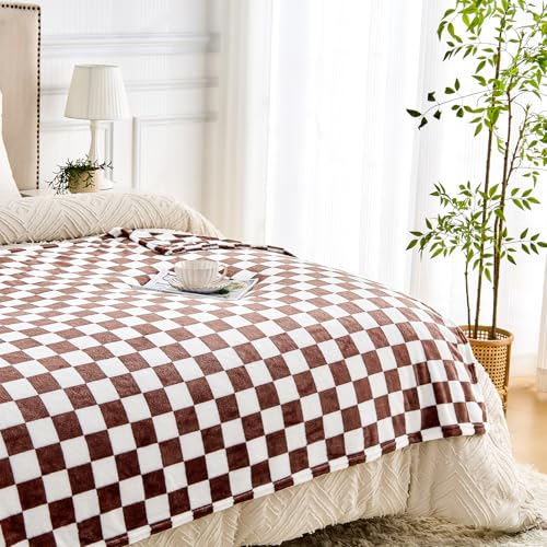 Edenleaf Brown Checkered Blanket, Ultra Soft Cozy Flannel - Checkered Grid Print Throws for Bed Sofa Couch, Luxury Throw Blanket for All Seasons, 50x60 Inch, Brown - color: 01 Brown, size: Throw-50"x60"