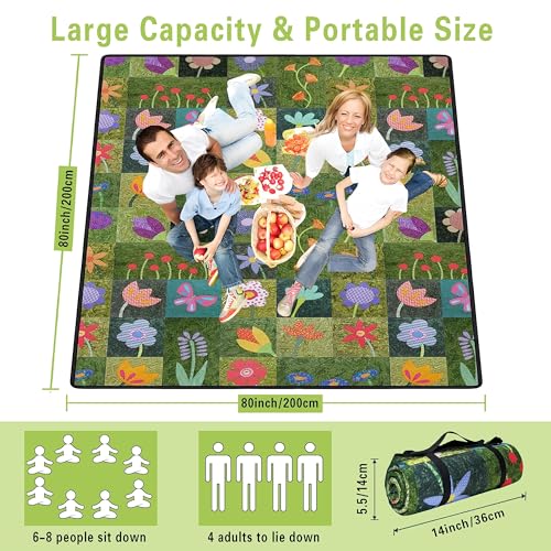 Supfitness Extra Large Picnic Blankets Waterproof Foldable (80 "x 80") Beach Blanket Waterproof Sandproof,3-Layer Thicking Mat Outdoor Packable Camping Blanket - color: Flower-1, size: 6'8" x 6'8" (Square)